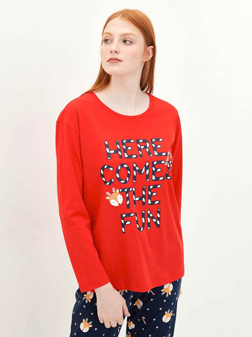 Crew Neck New Year Themed Cotton Women's Pajama Set-2