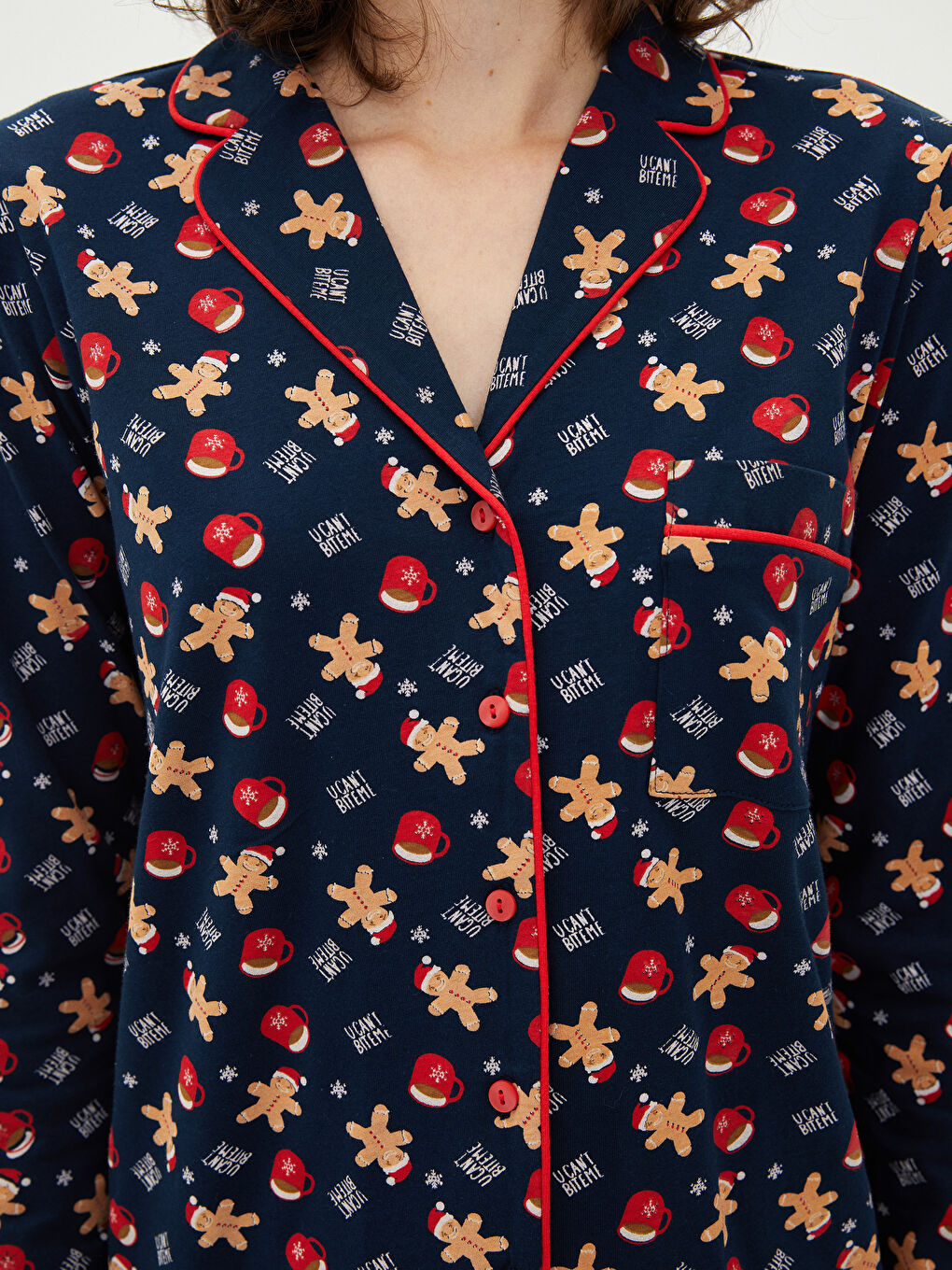 طقم بيجاما للسيدات بأكمام طويلة وموضوع عيد الميلاد بياقة قميص من القطن-4