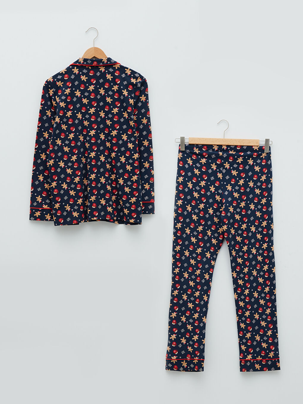 طقم بيجاما للسيدات بأكمام طويلة وموضوع عيد الميلاد بياقة قميص من القطن-7