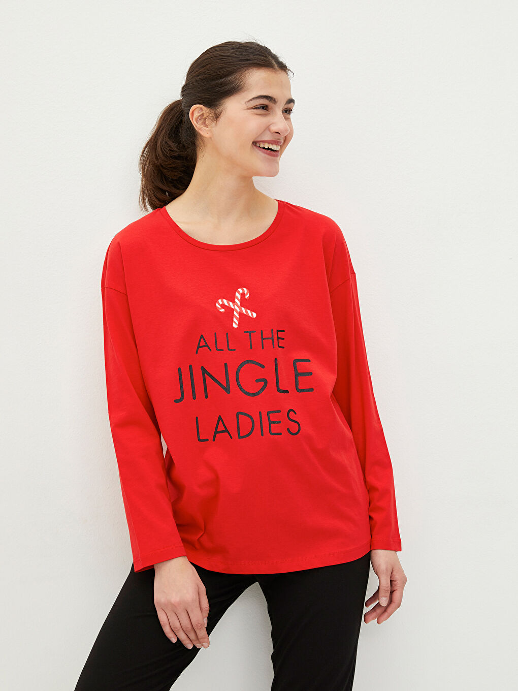 Crew Neck New Year Themed Long Sleeve Cotton Women's Pajama Set