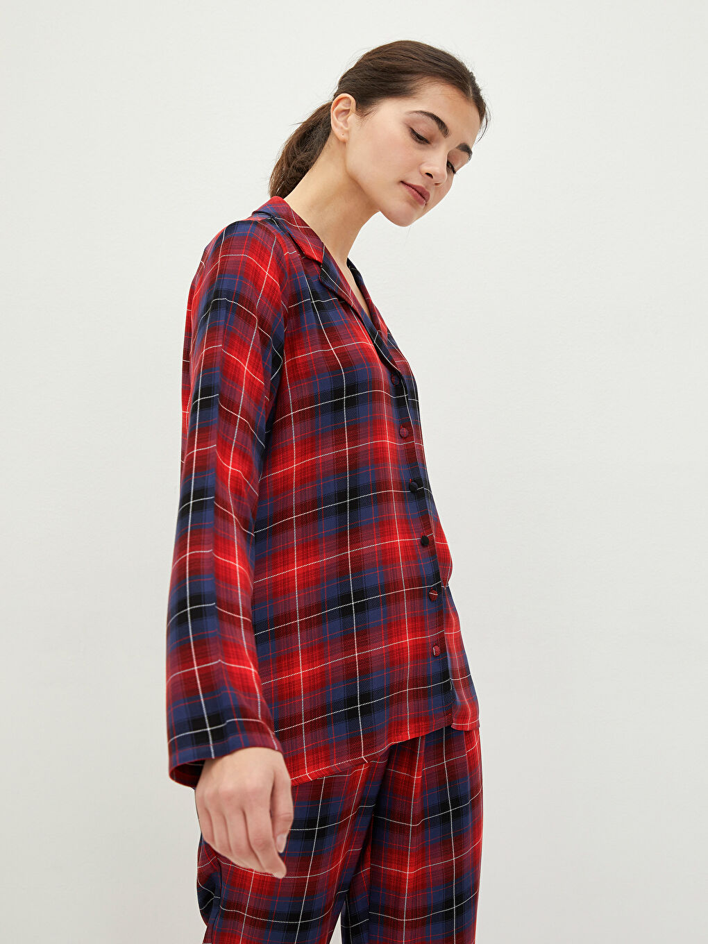 Ensemble de Pyjama à Col de Chemise Écossais Manches Longues en Viscose pour Femmes-1