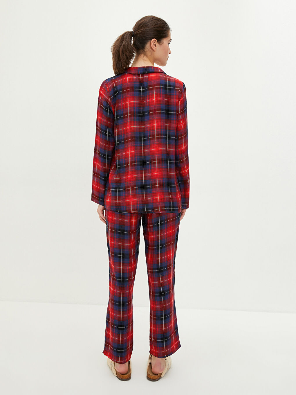 Ensemble de Pyjama à Col de Chemise Écossais Manches Longues en Viscose pour Femmes-3