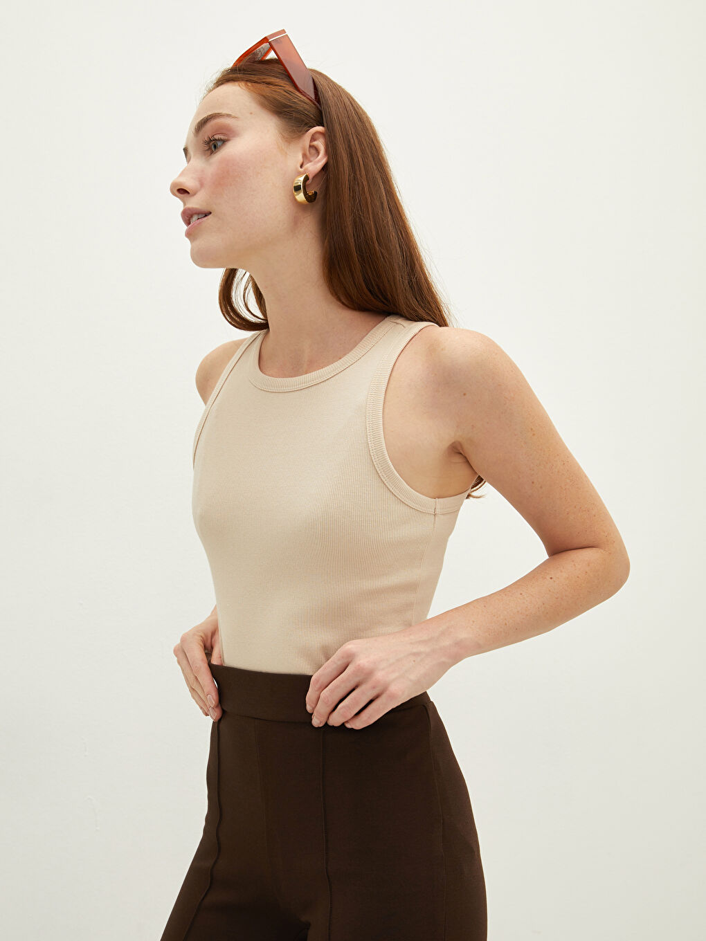 Bej Bisiklet Yaka Düz Pamuklu Kadın Atlet-2