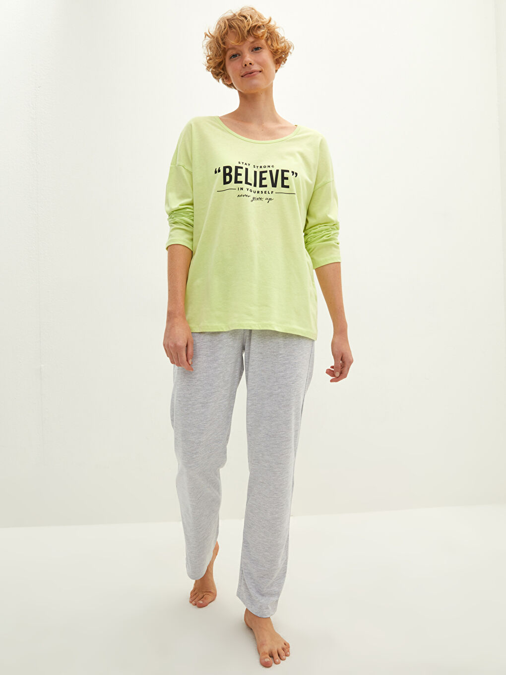 Yeşil Bisiklet Yaka Baskılı Uzun Kollu Kadın Pijama Takımı