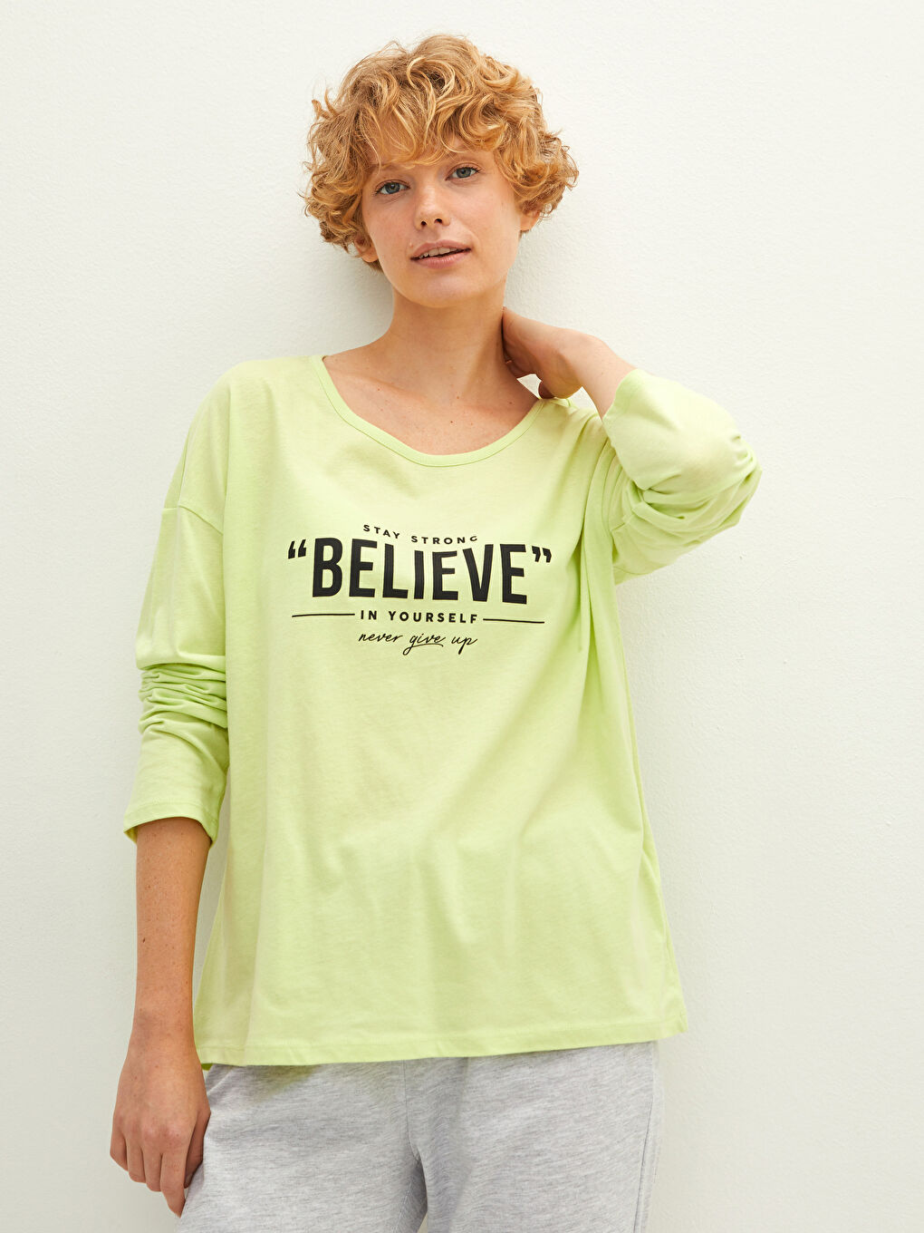 Yeşil Bisiklet Yaka Baskılı Uzun Kollu Kadın Pijama Takımı-2