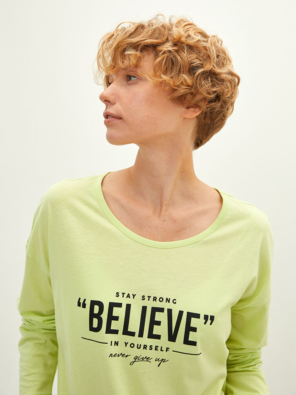 Yeşil Bisiklet Yaka Baskılı Uzun Kollu Kadın Pijama Takımı-3