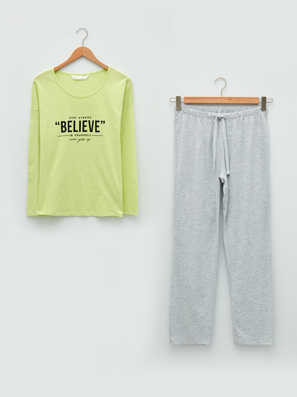 Yeşil Bisiklet Yaka Baskılı Uzun Kollu Kadın Pijama Takımı-5