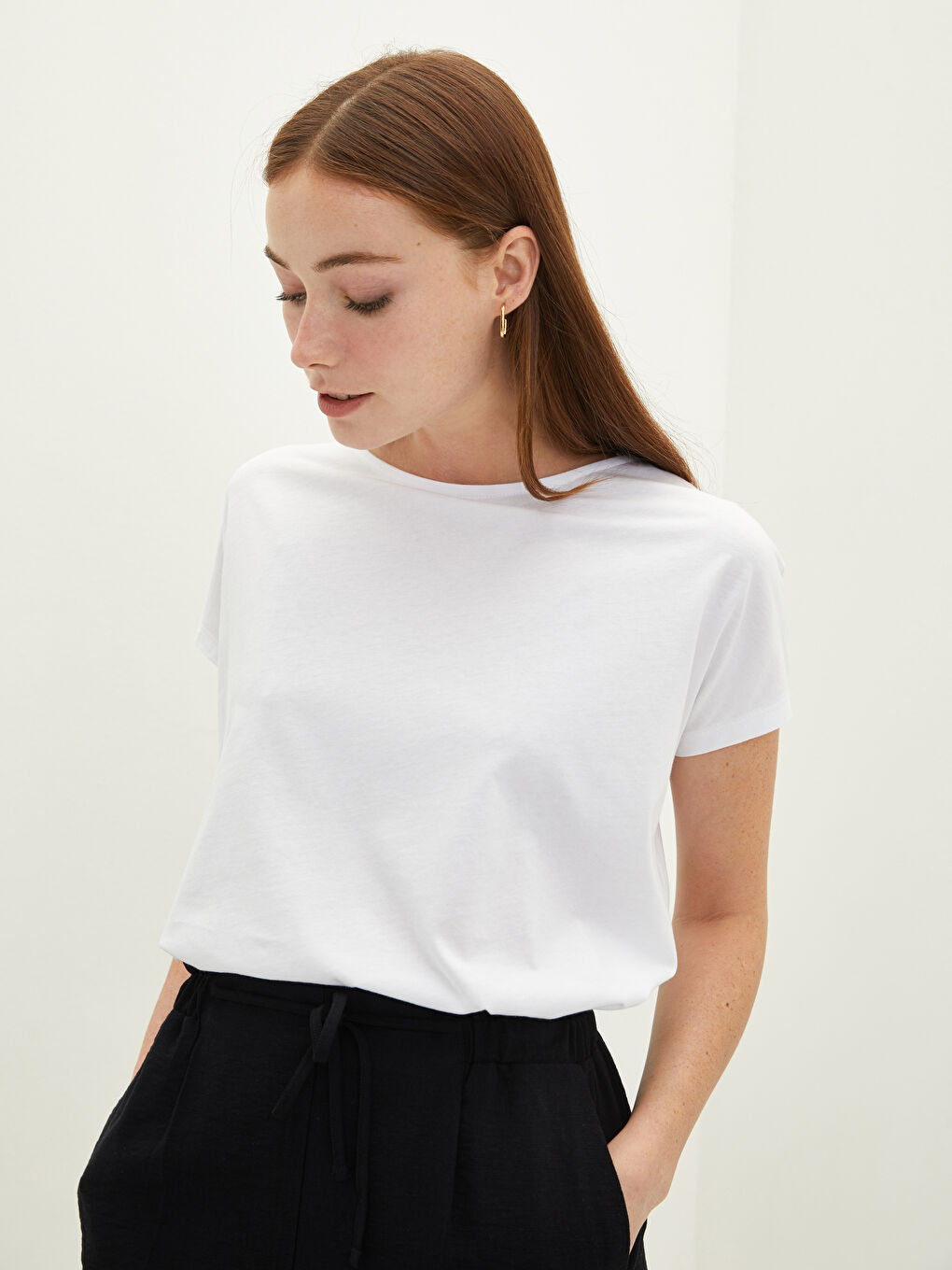 Rundhalsausschnitt Gerade Kurzarm Baumwolle T-Shirt für Damen-1