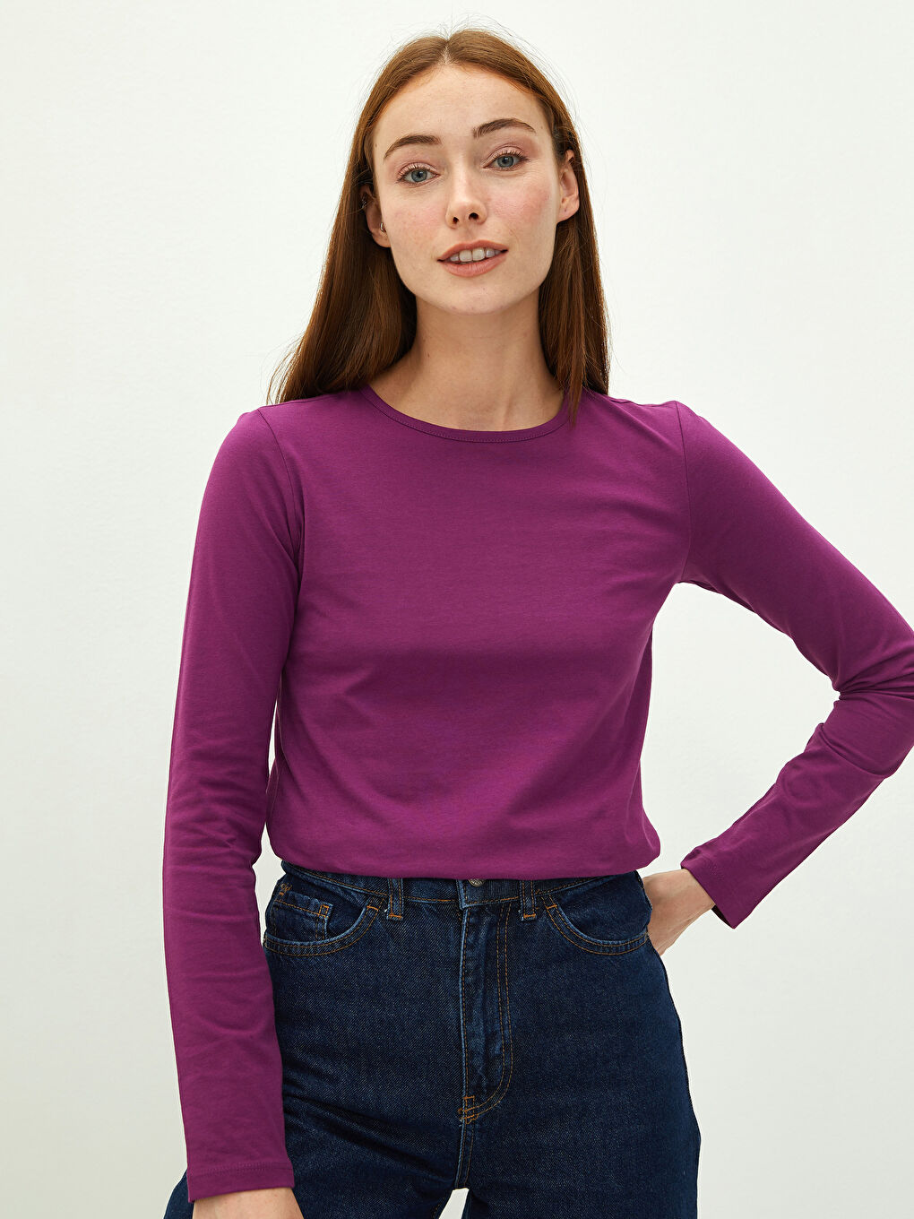 Mor Bisiklet Yaka Düz Uzun Kollu Pamuklu Kadın Tişört