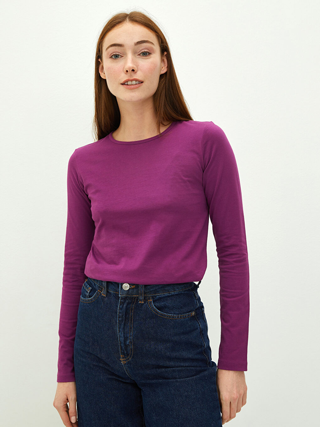 Mor Bisiklet Yaka Düz Uzun Kollu Pamuklu Kadın Tişört-1