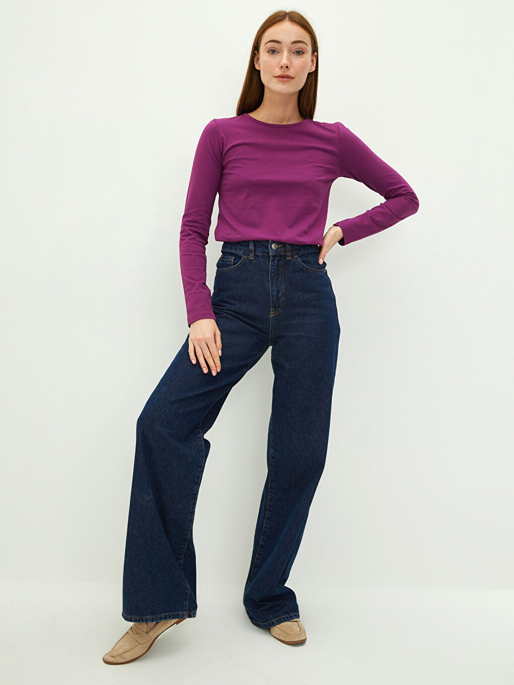 Mor Bisiklet Yaka Düz Uzun Kollu Pamuklu Kadın Tişört-3