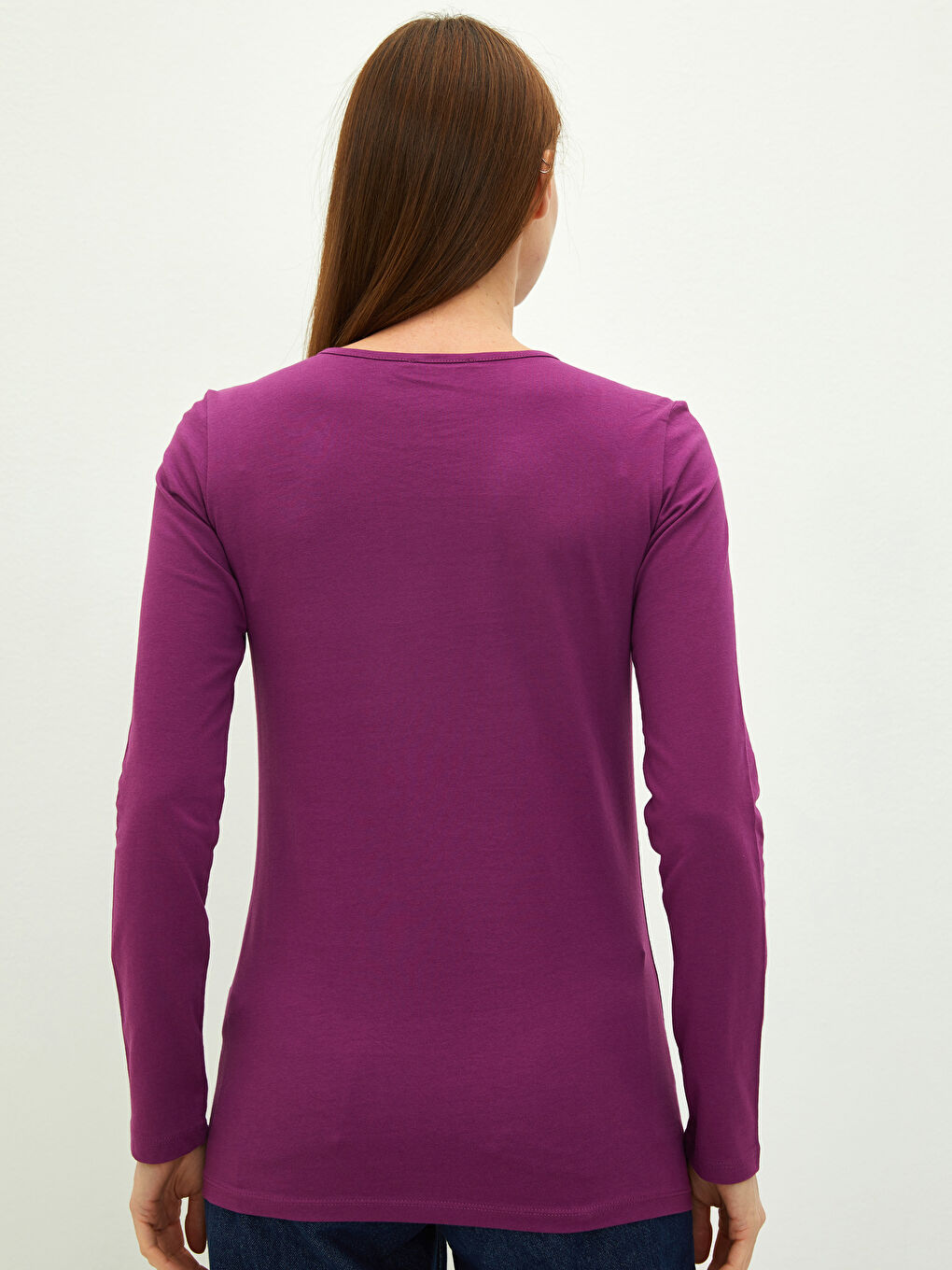 Mor Bisiklet Yaka Düz Uzun Kollu Pamuklu Kadın Tişört-4