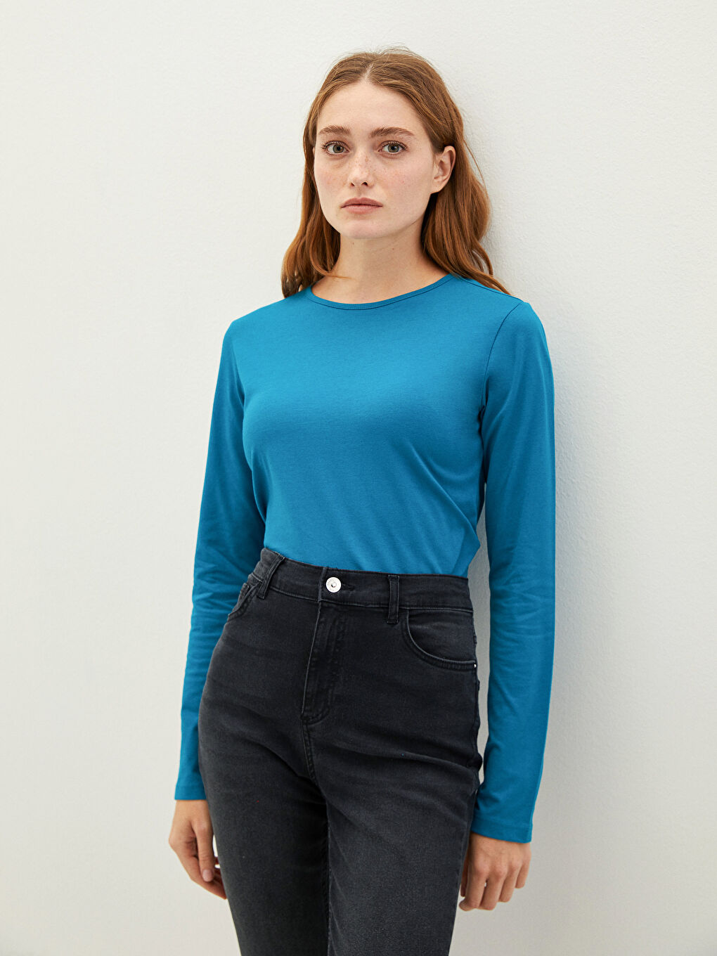 Turkuaz Bisiklet Yaka Düz Uzun Kollu Pamuklu Kadın Tişört