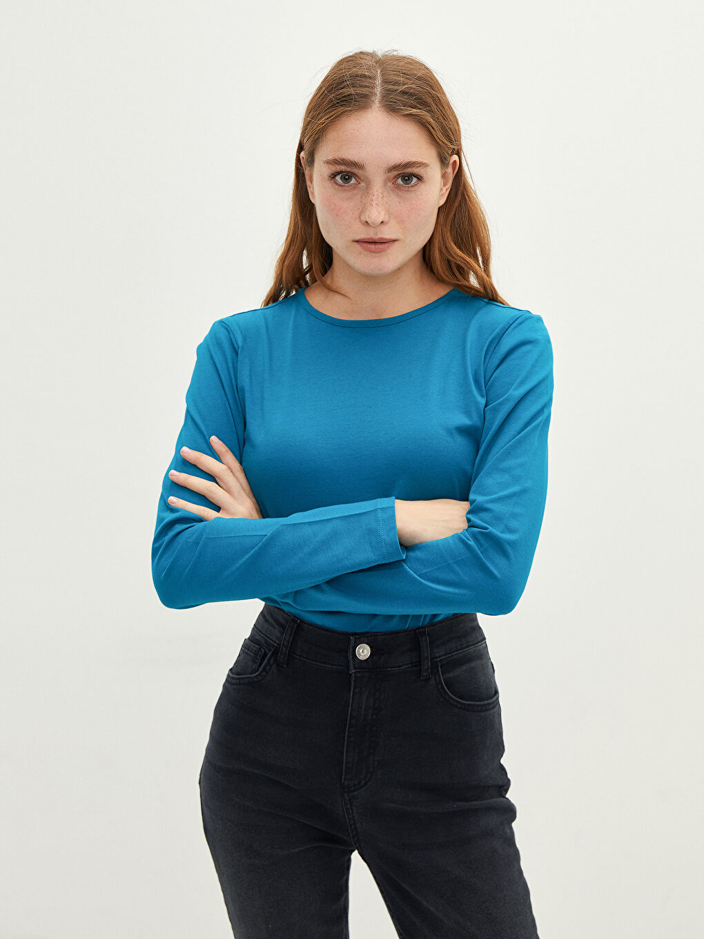 Turkuaz Bisiklet Yaka Düz Uzun Kollu Pamuklu Kadın Tişört-1