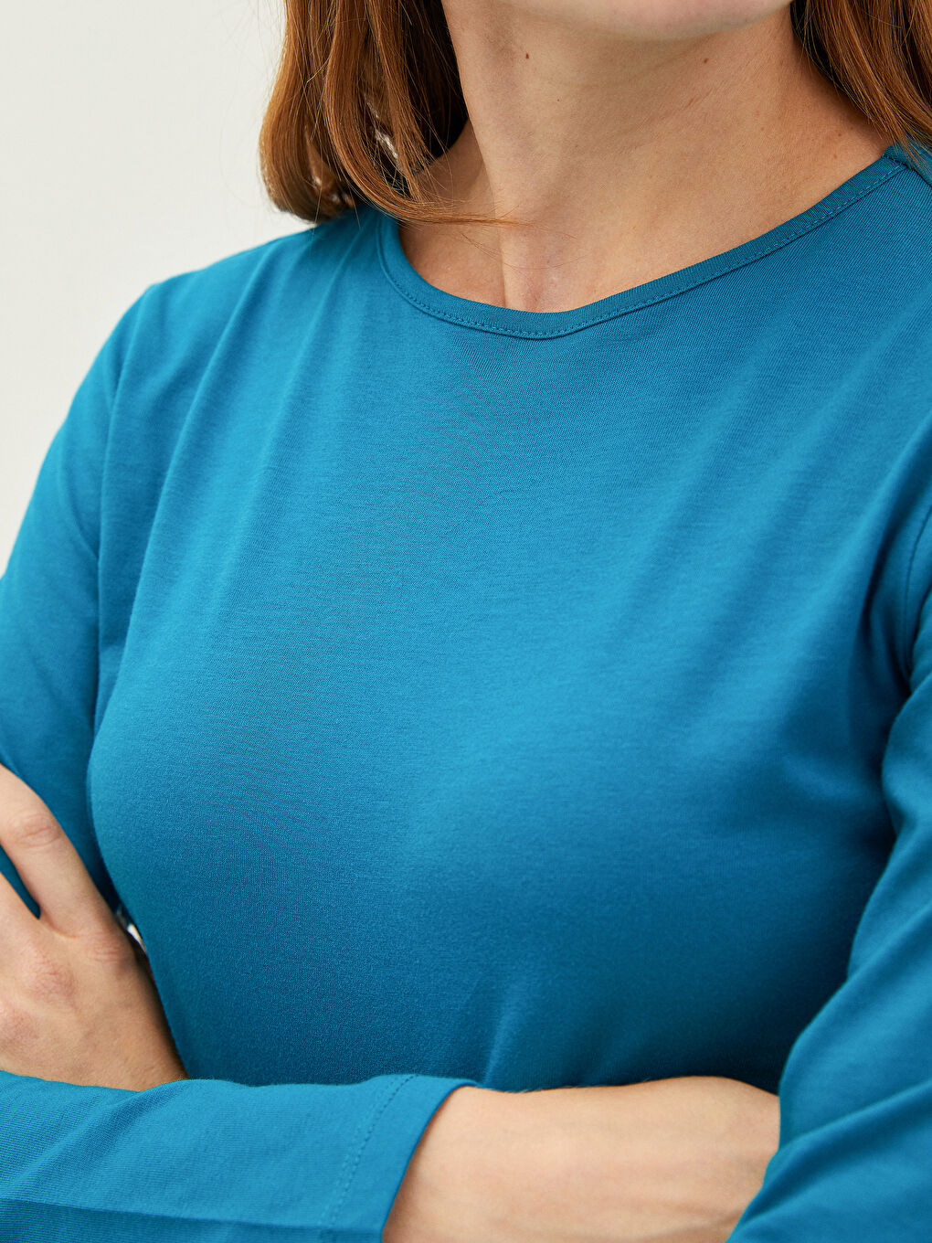 Turkuaz Bisiklet Yaka Düz Uzun Kollu Pamuklu Kadın Tişört-2