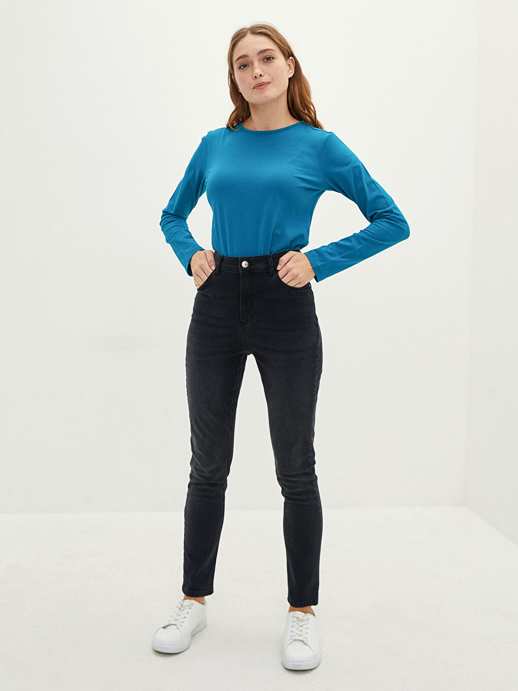 Turkuaz Bisiklet Yaka Düz Uzun Kollu Pamuklu Kadın Tişört-3