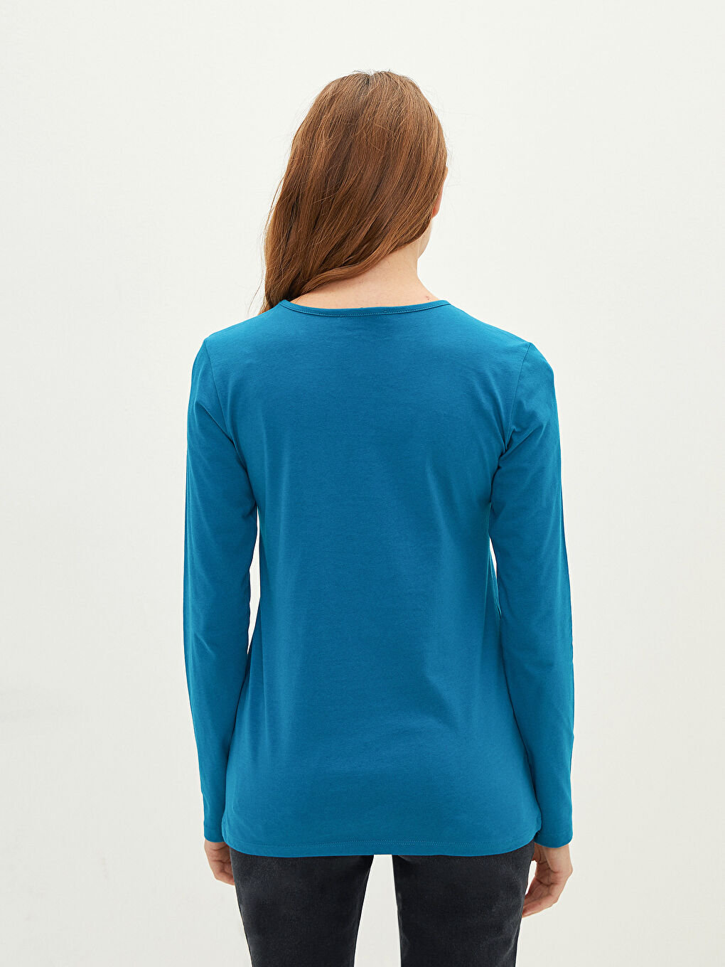 Turkuaz Bisiklet Yaka Düz Uzun Kollu Pamuklu Kadın Tişört-4