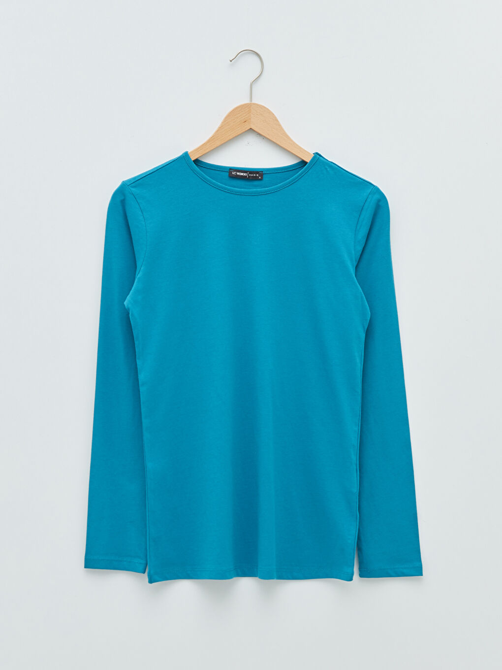 Turkuaz Bisiklet Yaka Düz Uzun Kollu Pamuklu Kadın Tişört-5