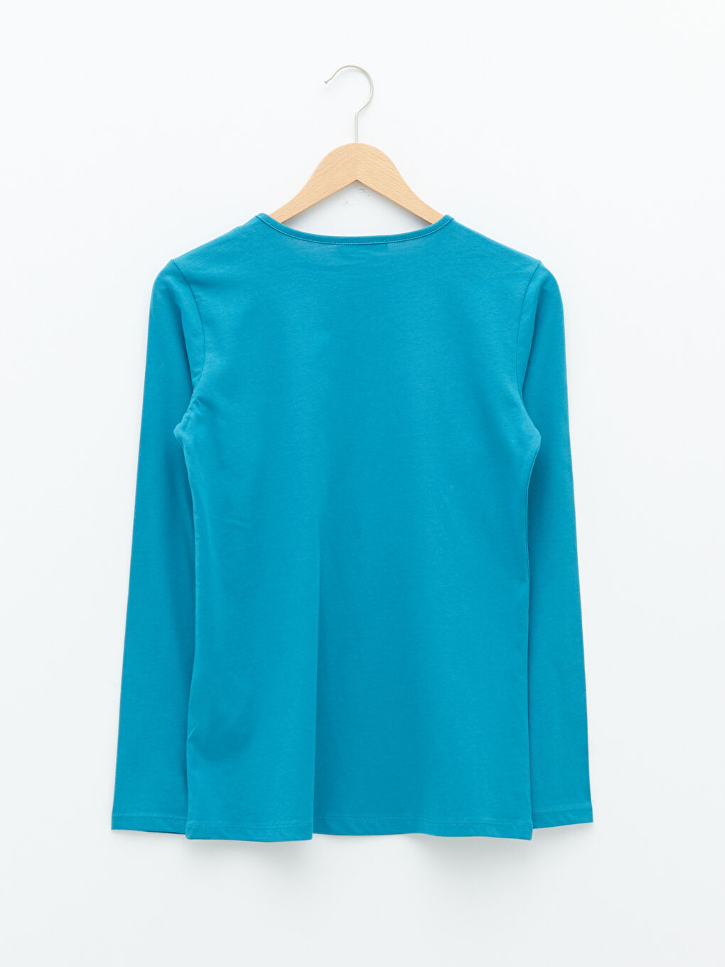 Turkuaz Bisiklet Yaka Düz Uzun Kollu Pamuklu Kadın Tişört-6