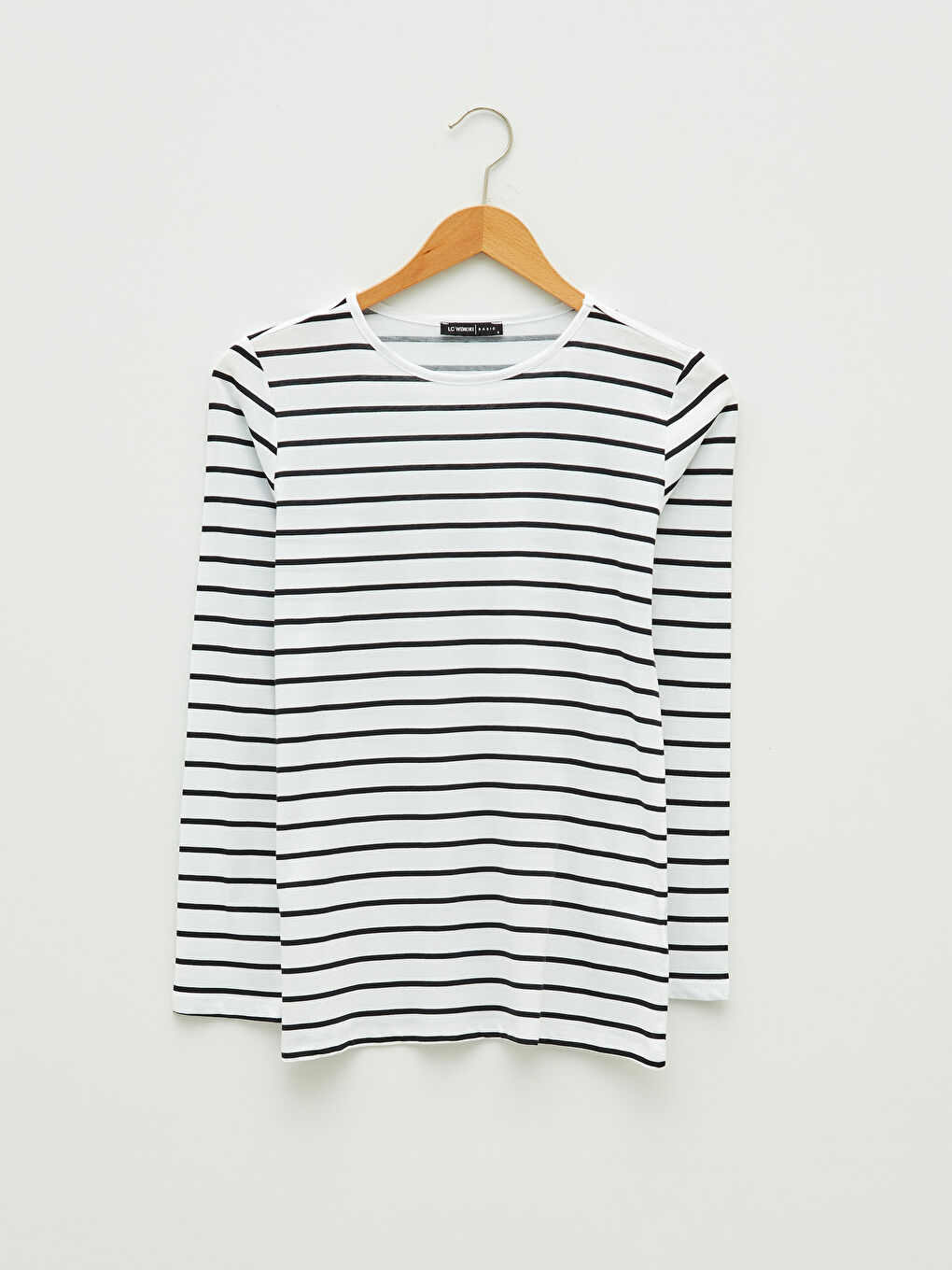 Siyah Bisiklet Yaka Çizgili Uzun Kollu Pamuklu Kadın Tişört-5