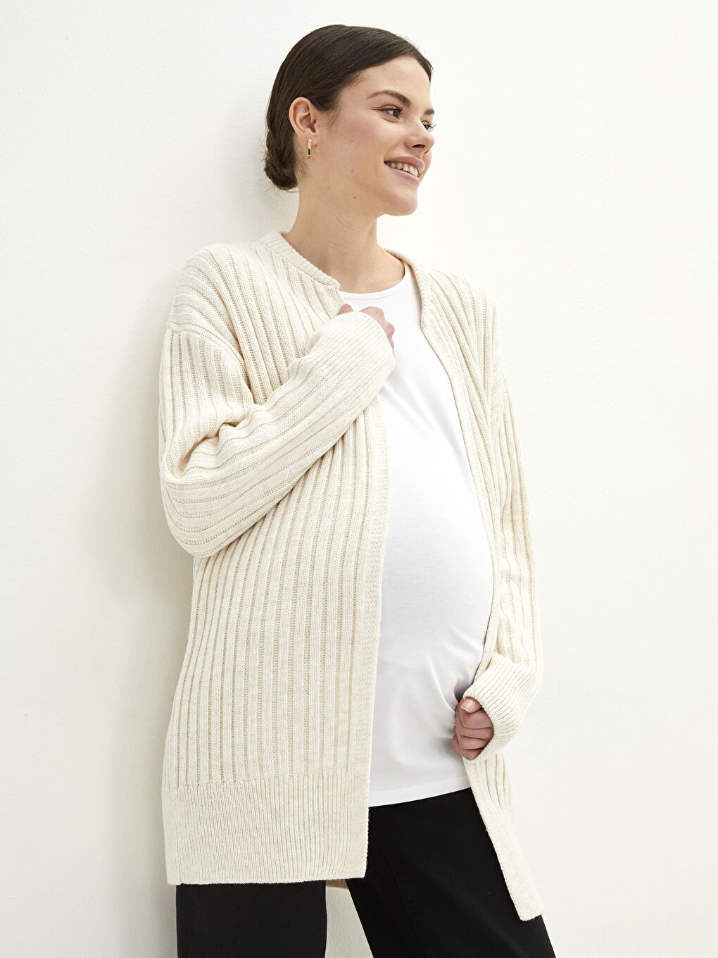 LCWAIKIKI Maternity Shawl Collar Self Patterned Long Sleeve Maternity Knitwear Cardigan -W1GQ07Z8-SDG