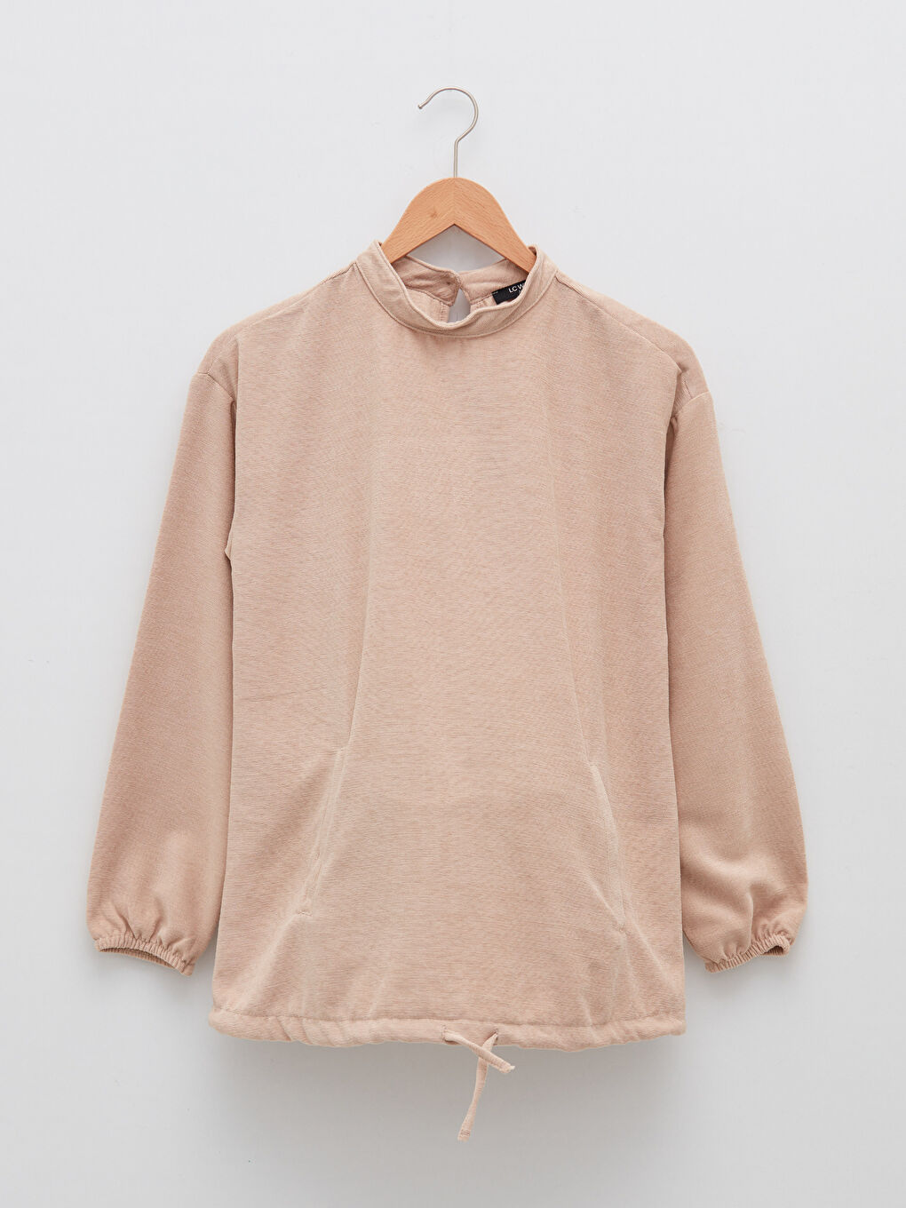 Bej Dik Yaka Düz Uzun Kollu Kadife Hamile Tunik-6