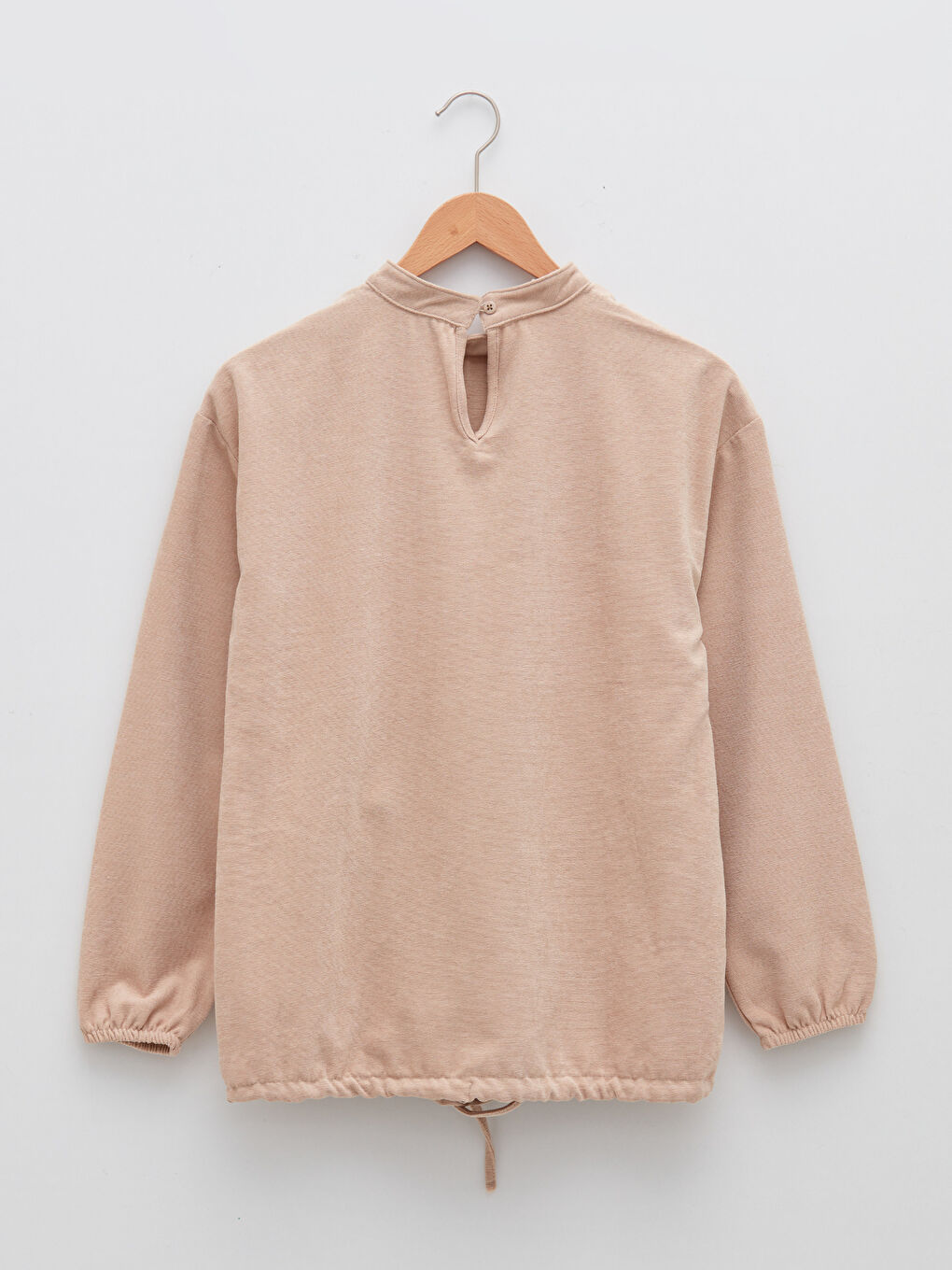 Bej Dik Yaka Düz Uzun Kollu Kadife Hamile Tunik-7