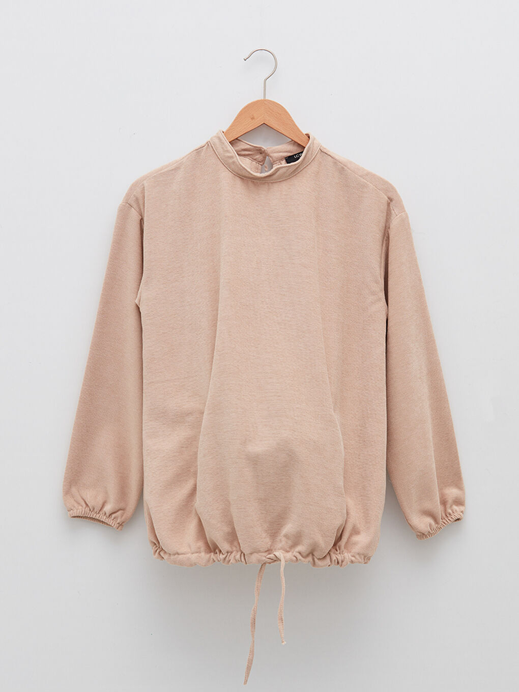 Bej Dik Yaka Düz Uzun Kollu Kadife Hamile Tunik-8