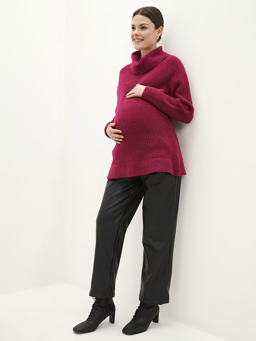 بنطلون حوامل جلد بجيوب وقصة عادية ببطانة للبطن-2