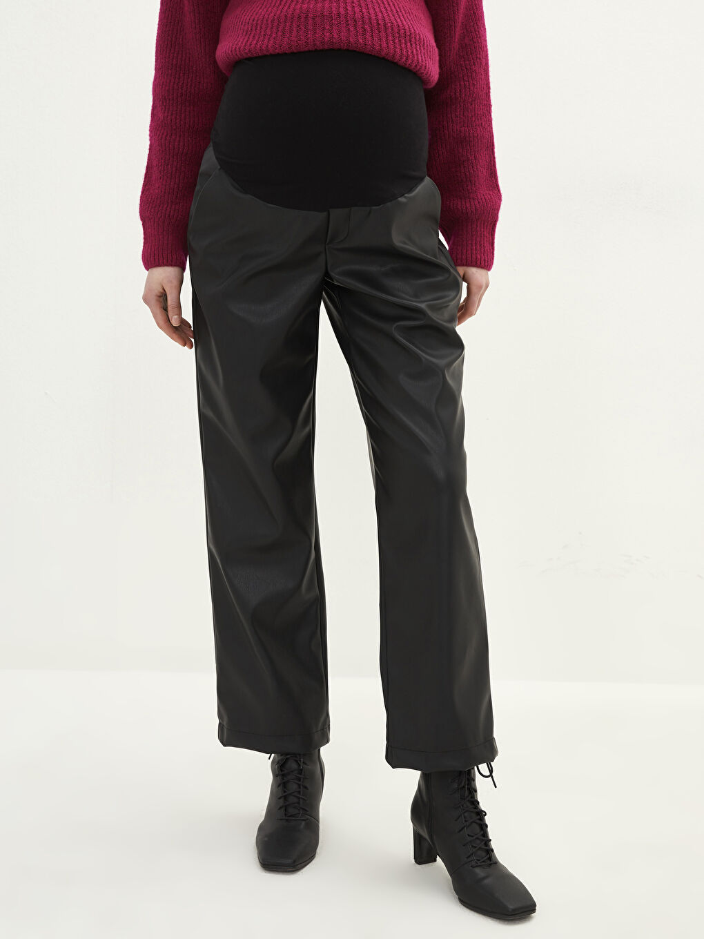 بنطلون حوامل جلد بجيوب وقصة عادية ببطانة للبطن-3