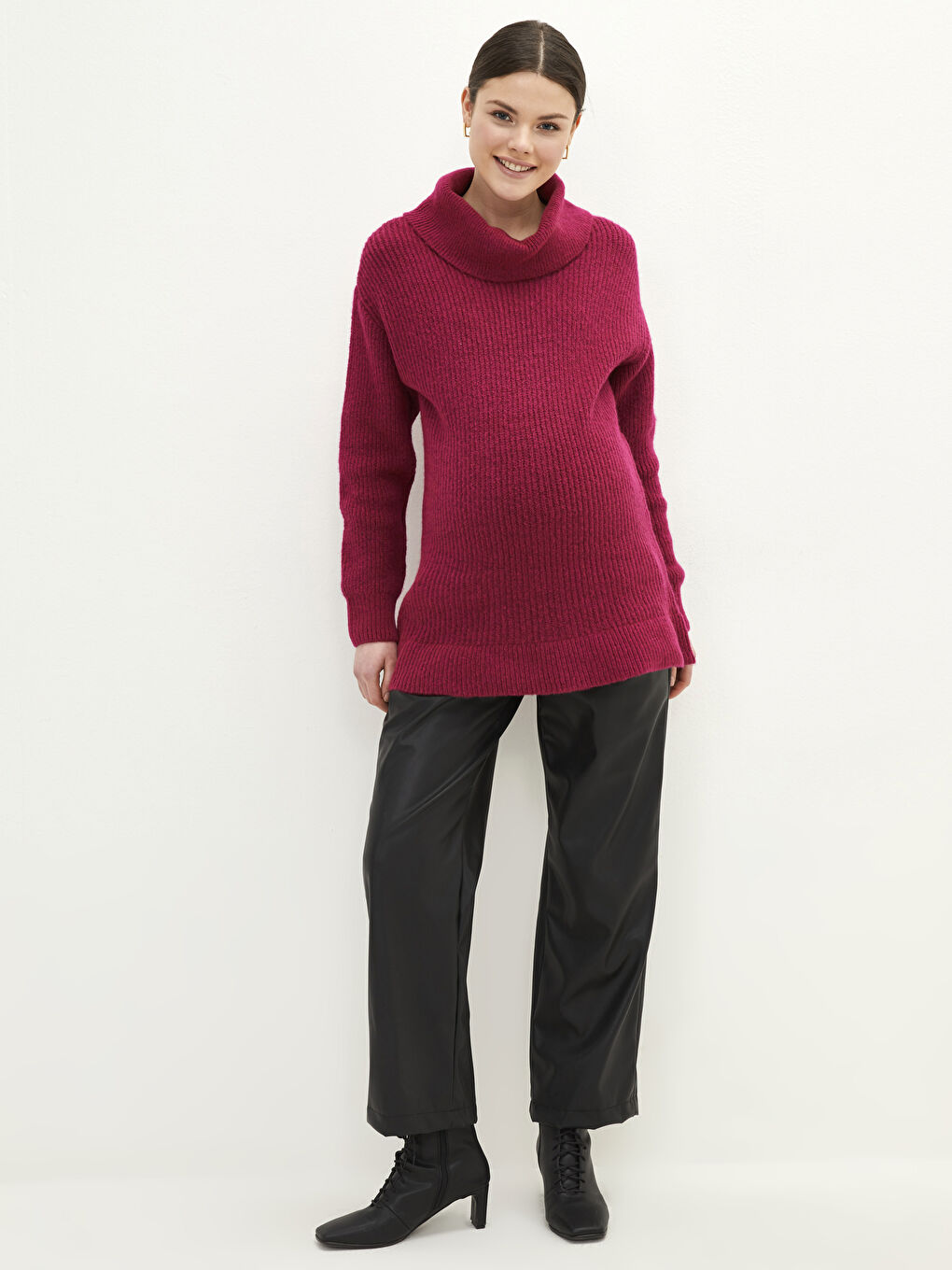 بنطلون حوامل جلد بجيوب وقصة عادية ببطانة للبطن-1