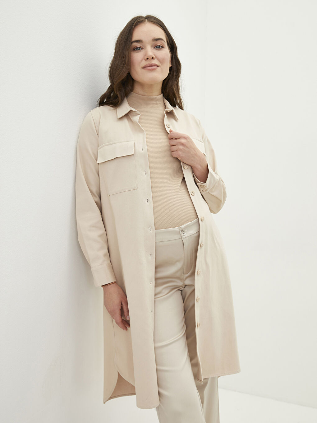 Plain Long Sleeve Gabardine Maternity Shirt Tunic
