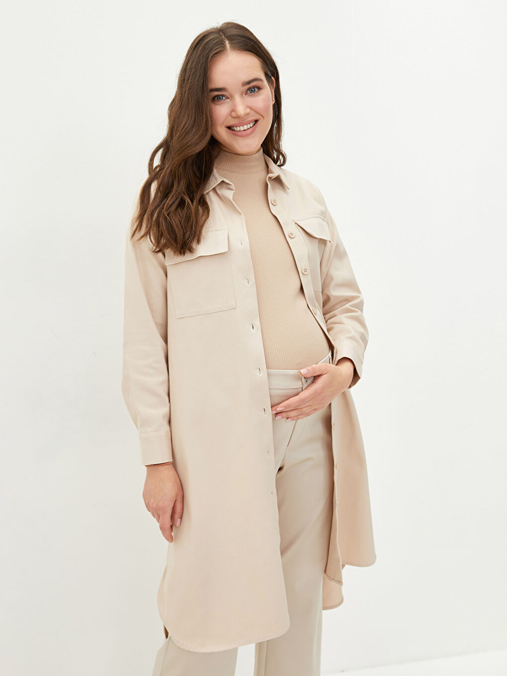 Plain Long Sleeve Gabardine Maternity Shirt Tunic-1