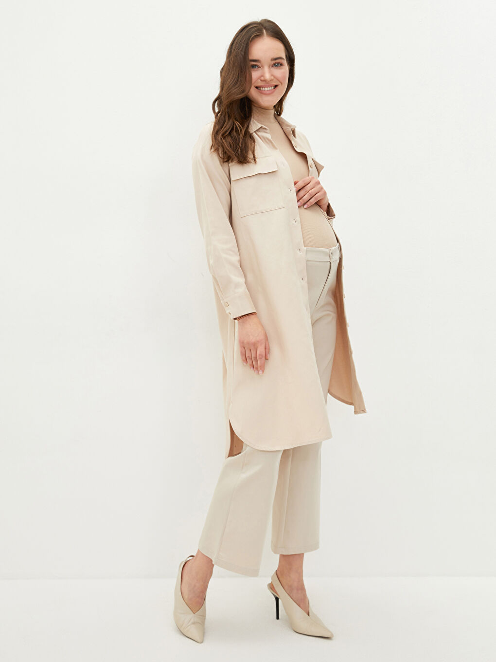 Plain Long Sleeve Gabardine Maternity Shirt Tunic-2