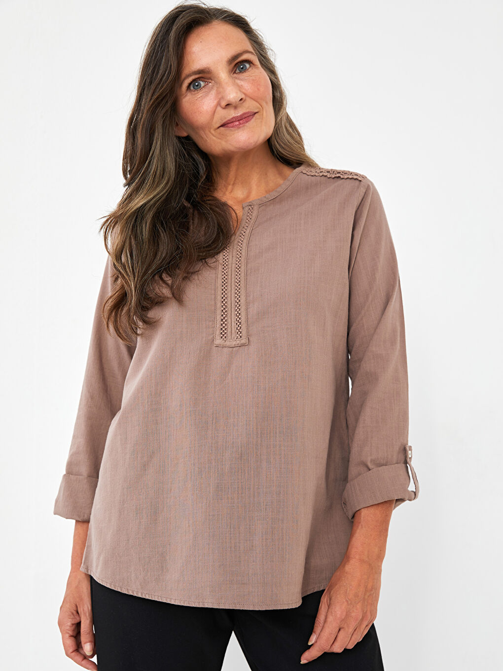Henley-Ausschnitt Bestickte Langarm Baumwolle Bluse für Damen