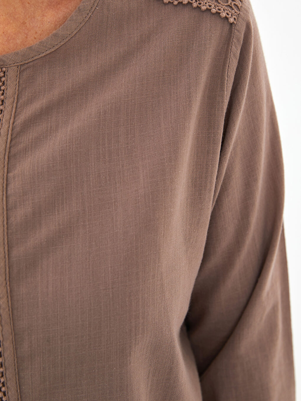 Henley-Ausschnitt Bestickte Langarm Baumwolle Bluse für Damen-2
