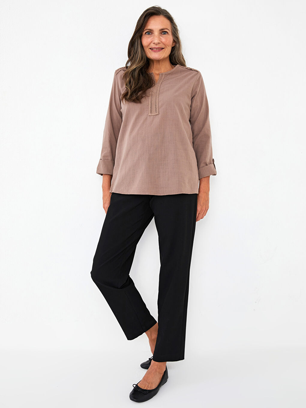 Henley-Ausschnitt Bestickte Langarm Baumwolle Bluse für Damen-3