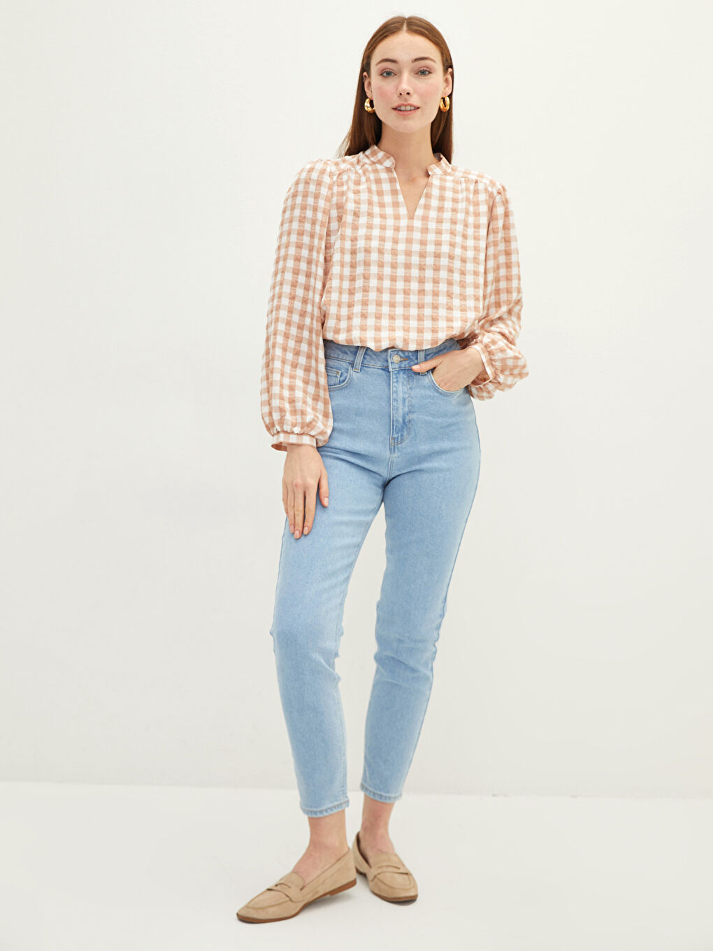 بنطلون جينز عالي الخصر بقصة نحيفة للنساء مع تفاصيل الجيب-1