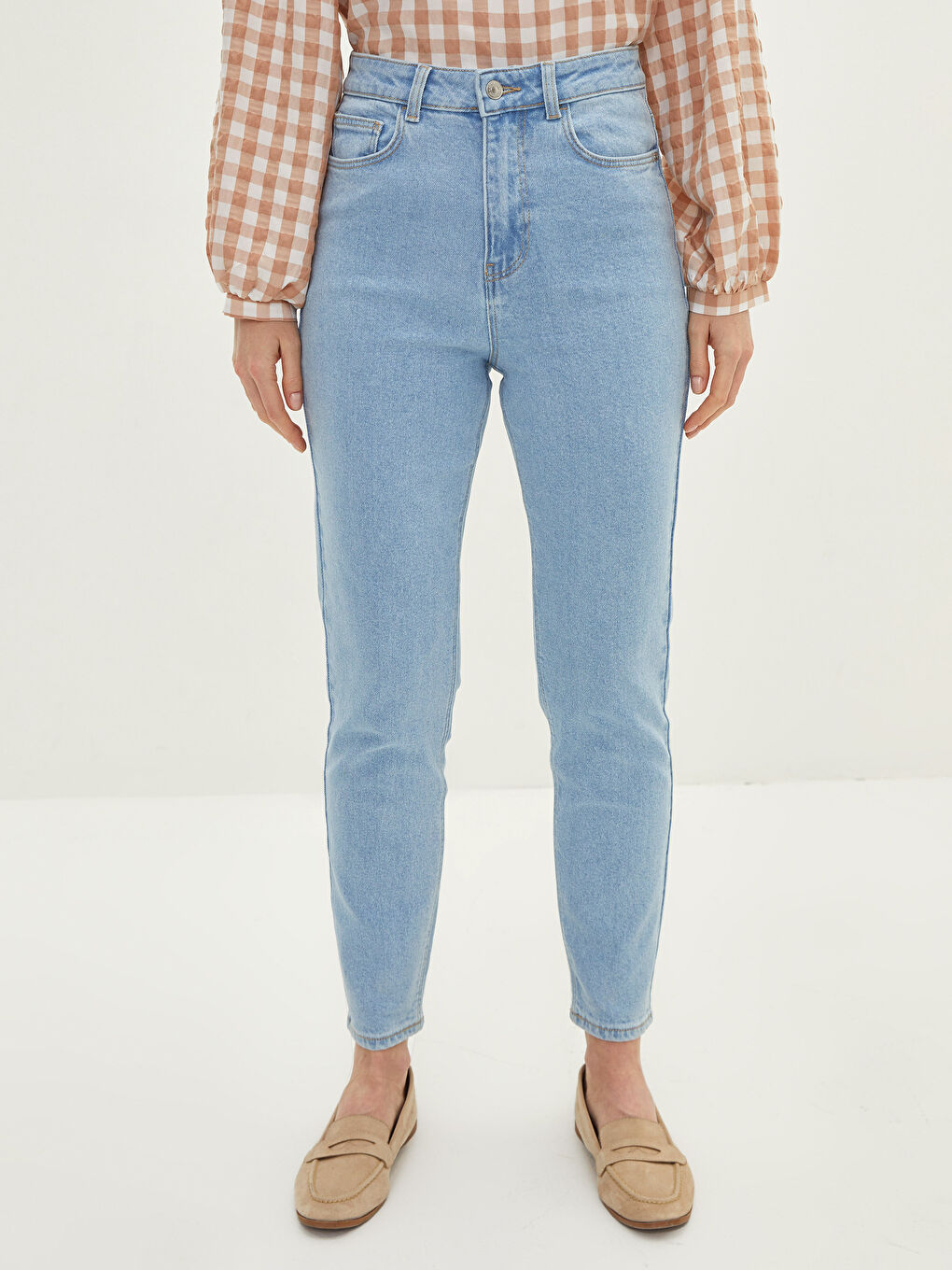 بنطلون جينز عالي الخصر بقصة نحيفة للنساء مع تفاصيل الجيب-3