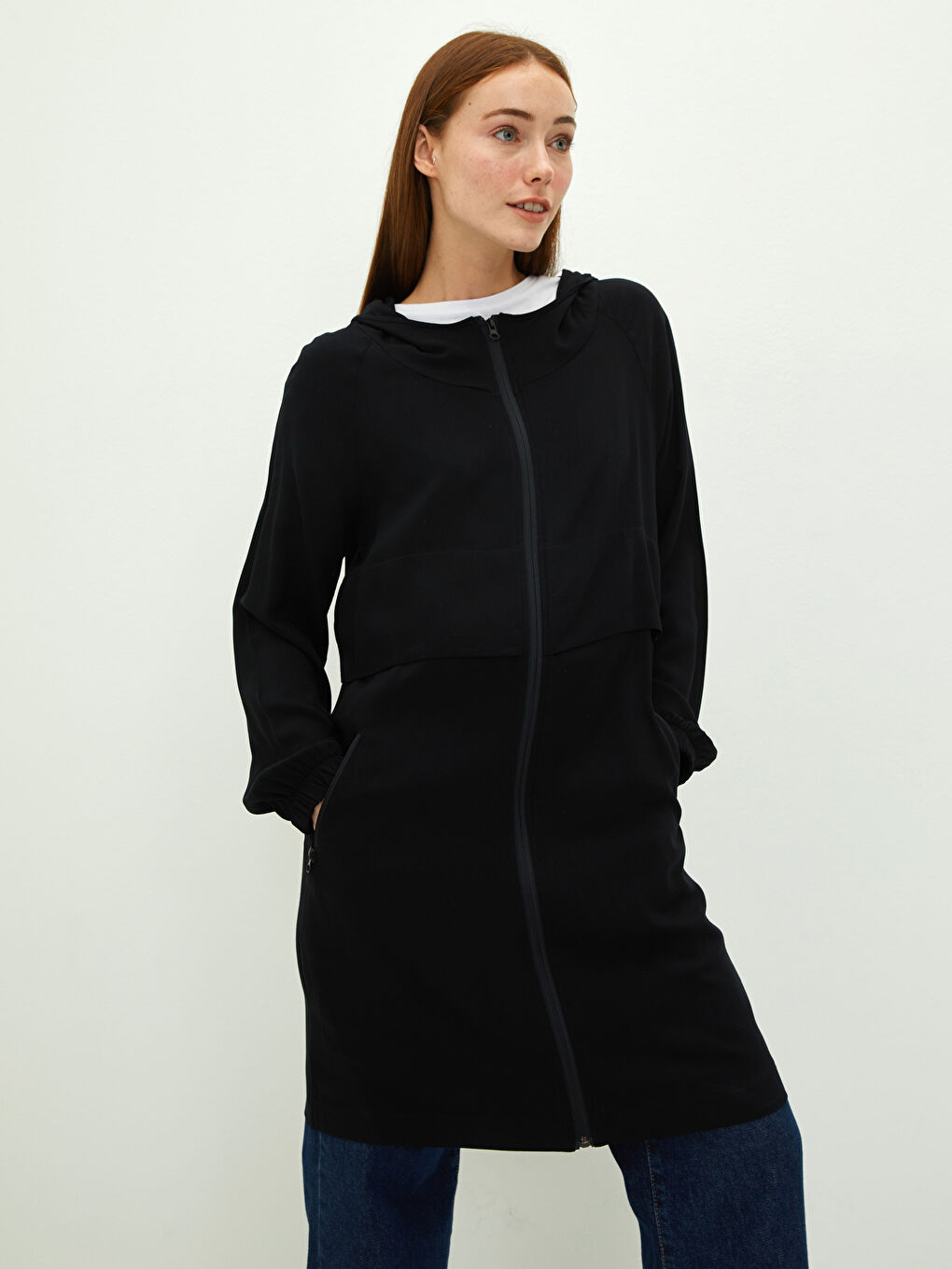 Hooded Plain Long Sleeved Pocket Detailed Leather Jacket Women's Tunic