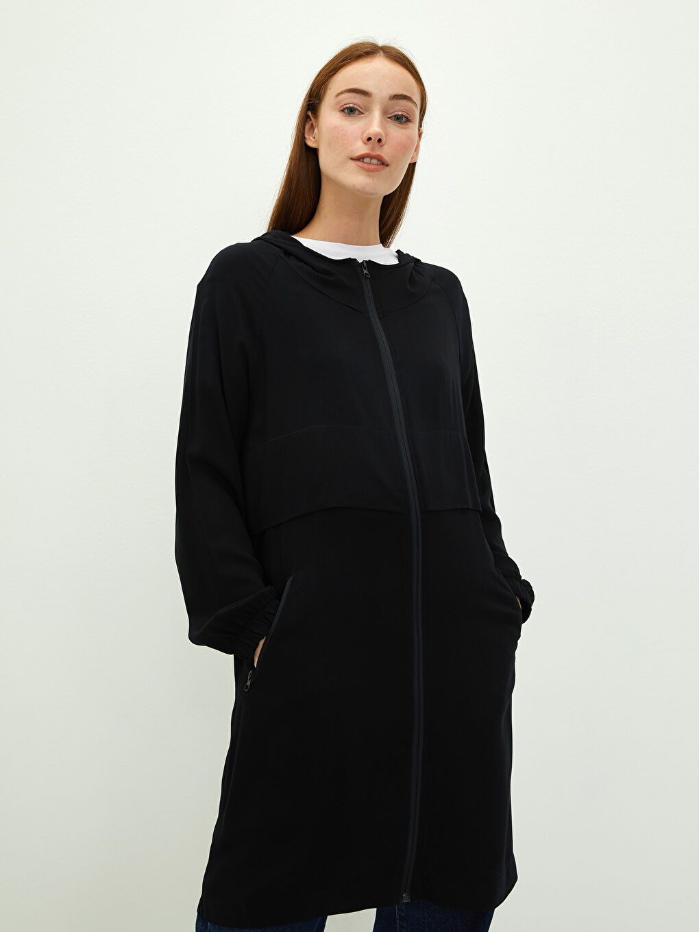 Hooded Plain Long Sleeved Pocket Detailed Leather Jacket Women's Tunic-1