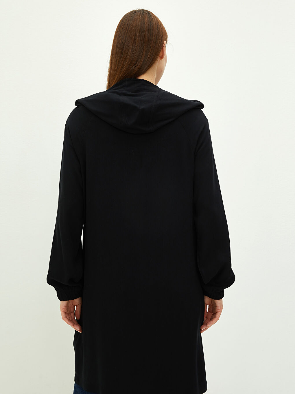 Hooded Plain Long Sleeved Pocket Detailed Leather Jacket Women's Tunic-4