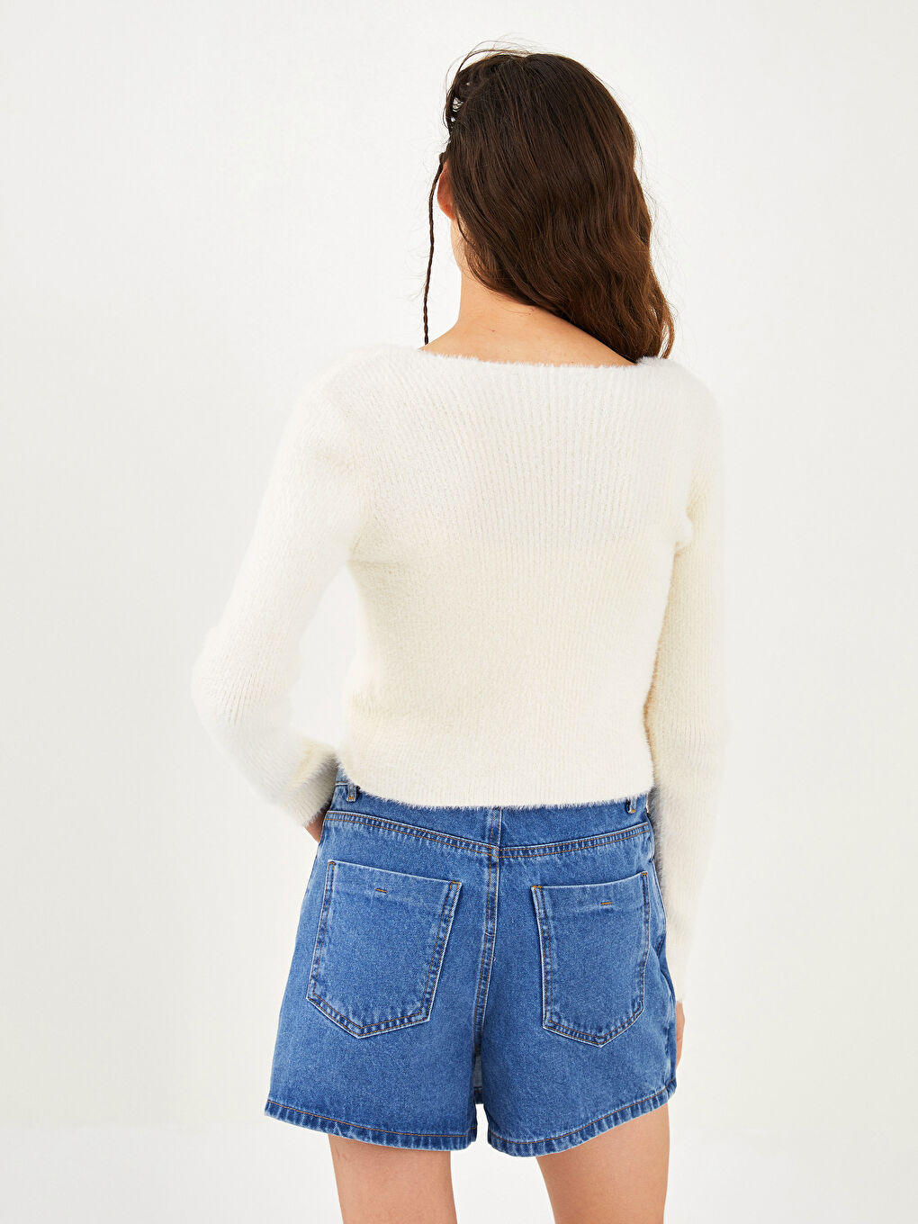 Ekru V Yaka Kadın Triko Hırka-4