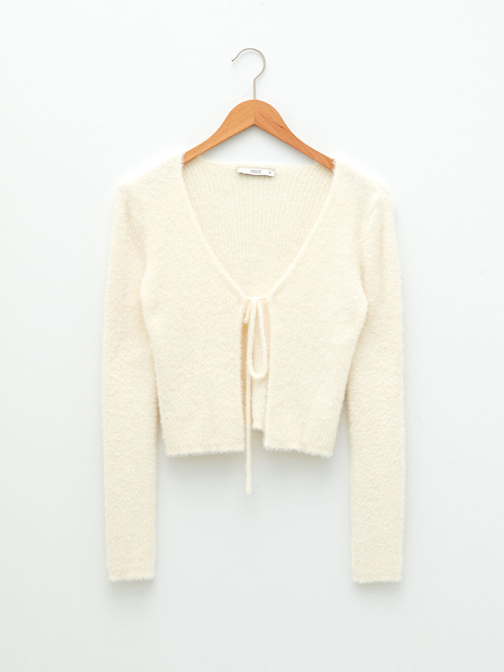 Ekru V Yaka Kadın Triko Hırka-5