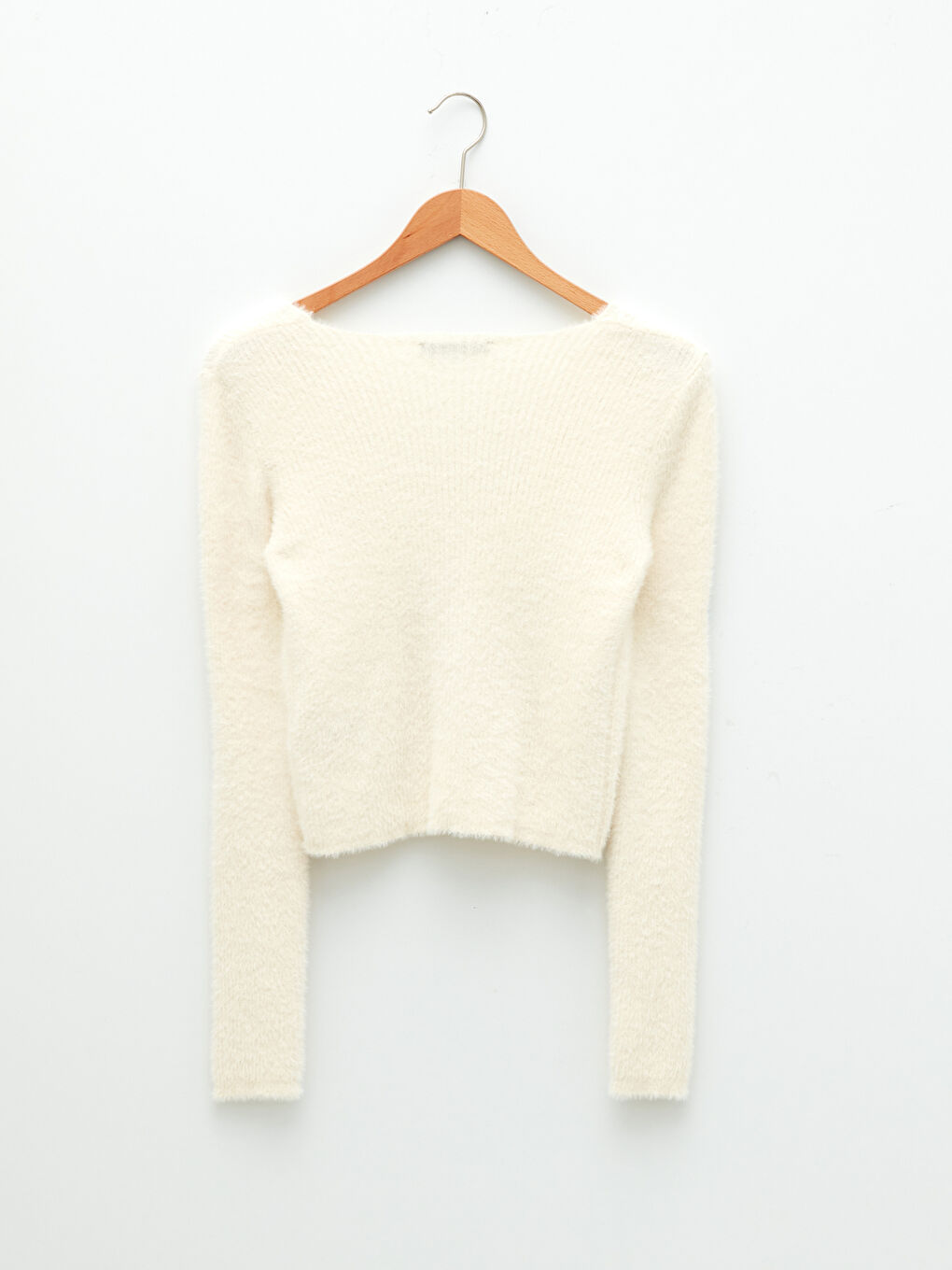 Ekru V Yaka Kadın Triko Hırka-6