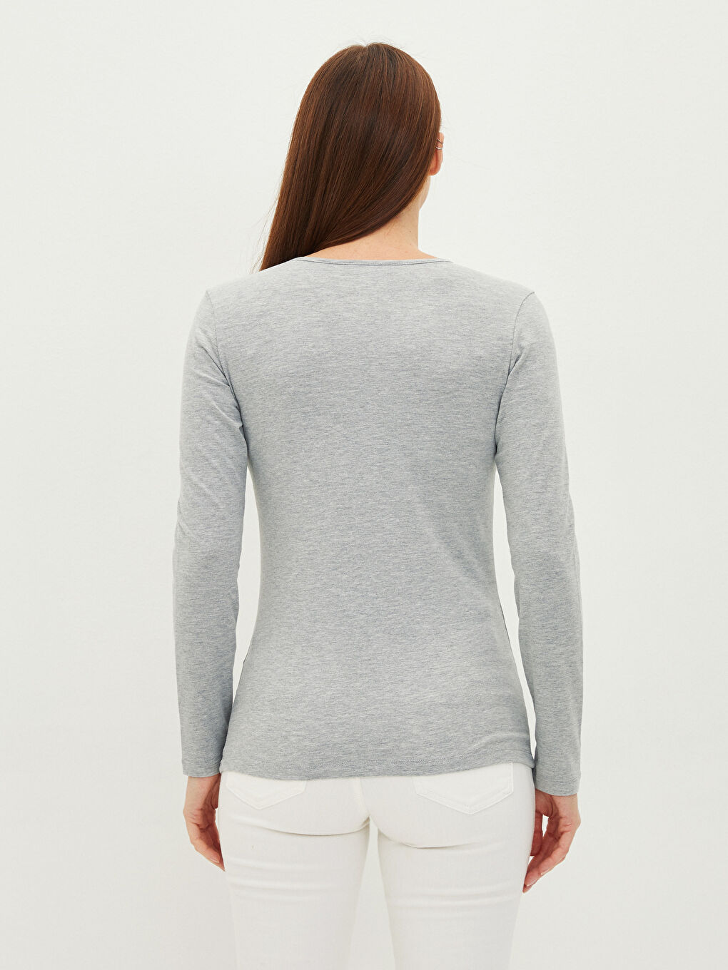 Gri Bisiklet Yaka Düz Uzun Kollu Kadın Tişört-3
