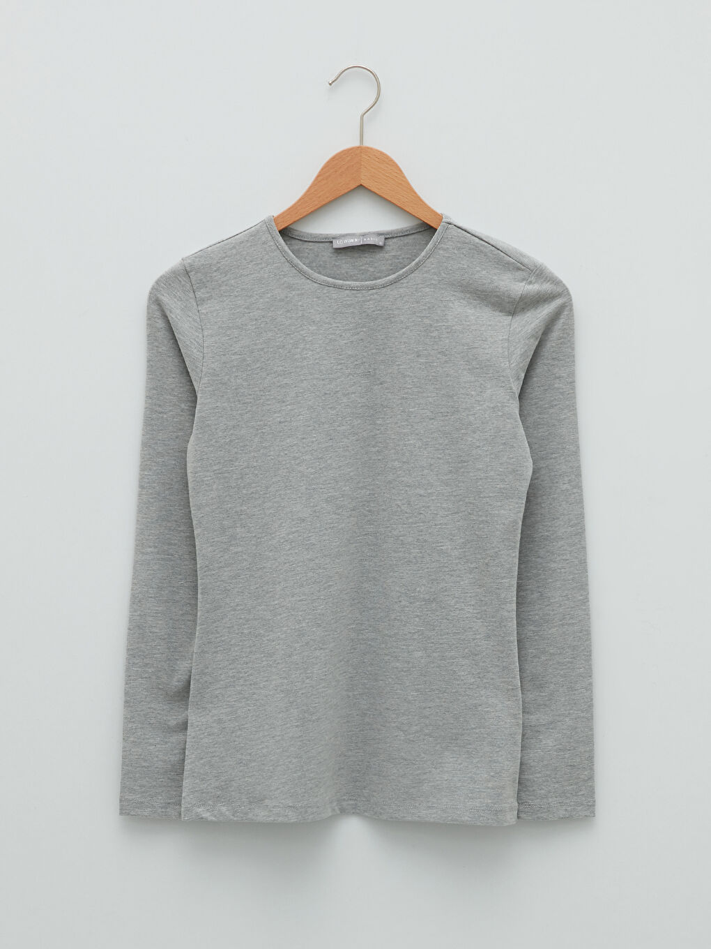 Gri Bisiklet Yaka Düz Uzun Kollu Kadın Tişört-4