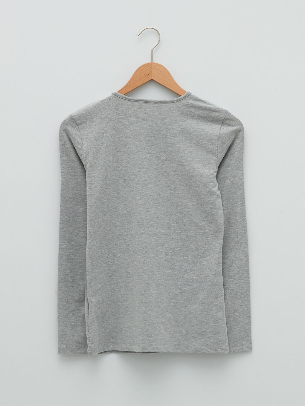 Gri Bisiklet Yaka Düz Uzun Kollu Kadın Tişört-5