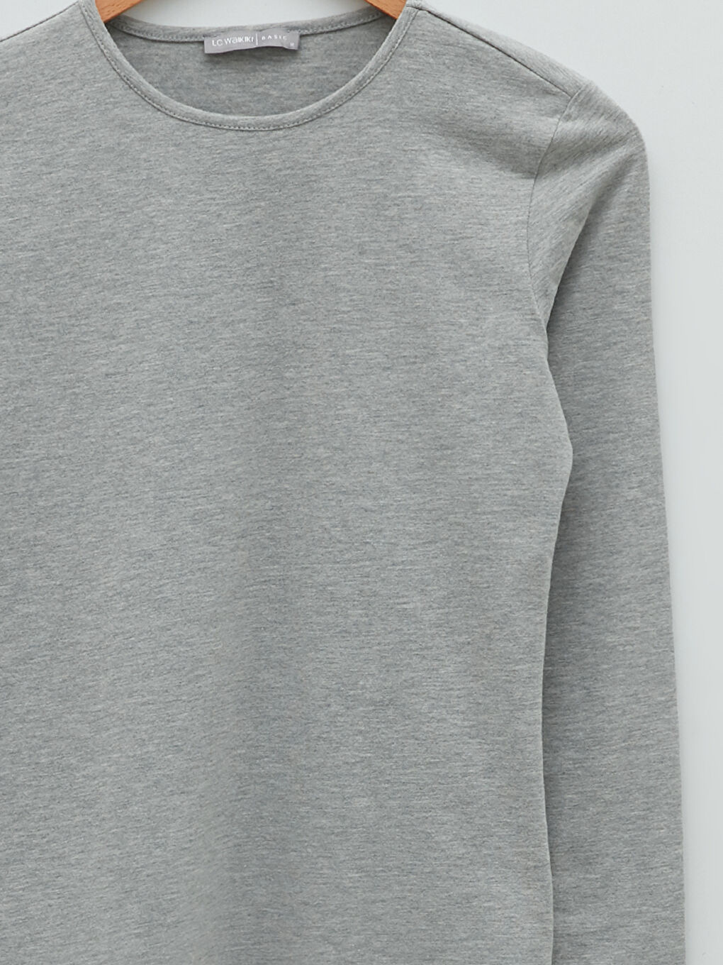 Gri Bisiklet Yaka Düz Uzun Kollu Kadın Tişört-6