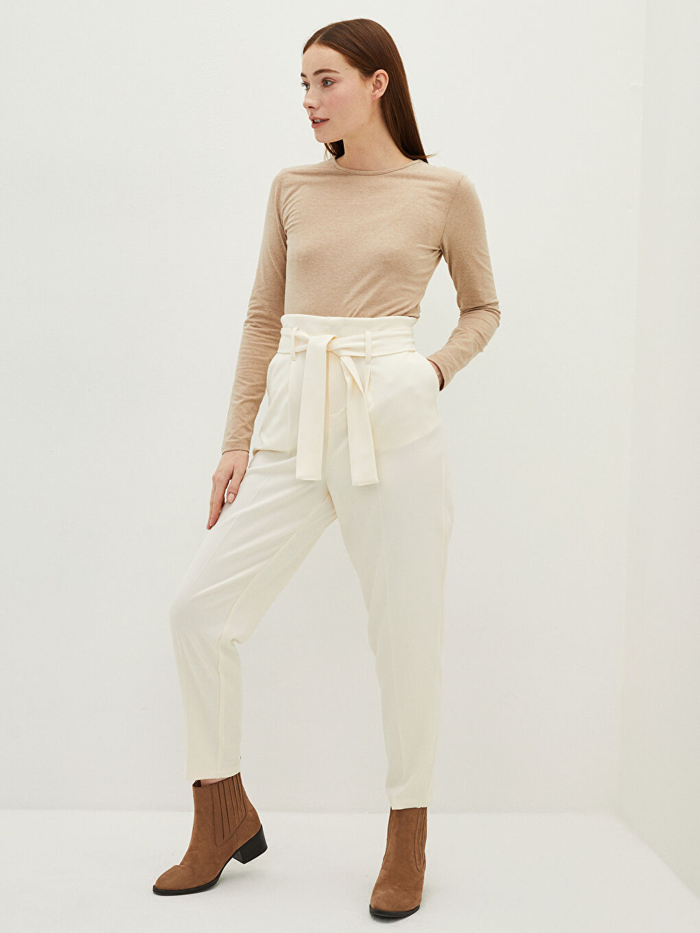 Ekru Bisiklet Yaka Düz Uzun Kollu Kadın Tişört-2